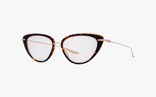 Three quarters view: Cat-eye eyeglasses with Havana - gold frame on a white background