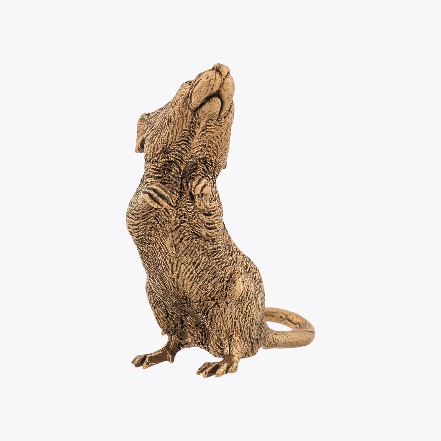 Bronze sculpture of a standing mouse on a white background