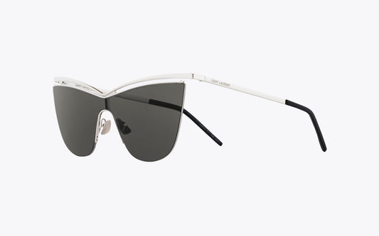 Saint Laurent SL 249 New Wave Silver Sunglasses with a silver frame and black lenses on a off-white background
