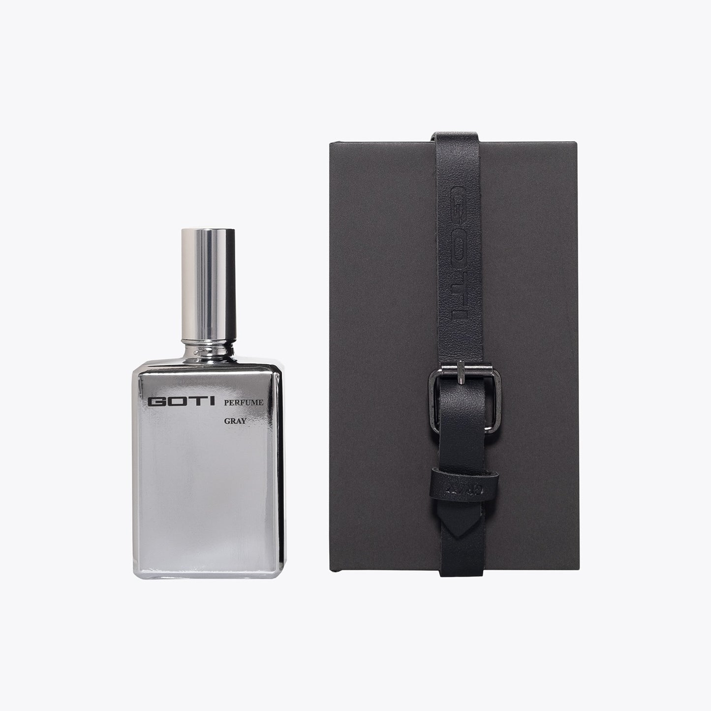 Scent of Goti Gray EDP 100ml Silver Glass Bottle and Black Paper Box – Front View