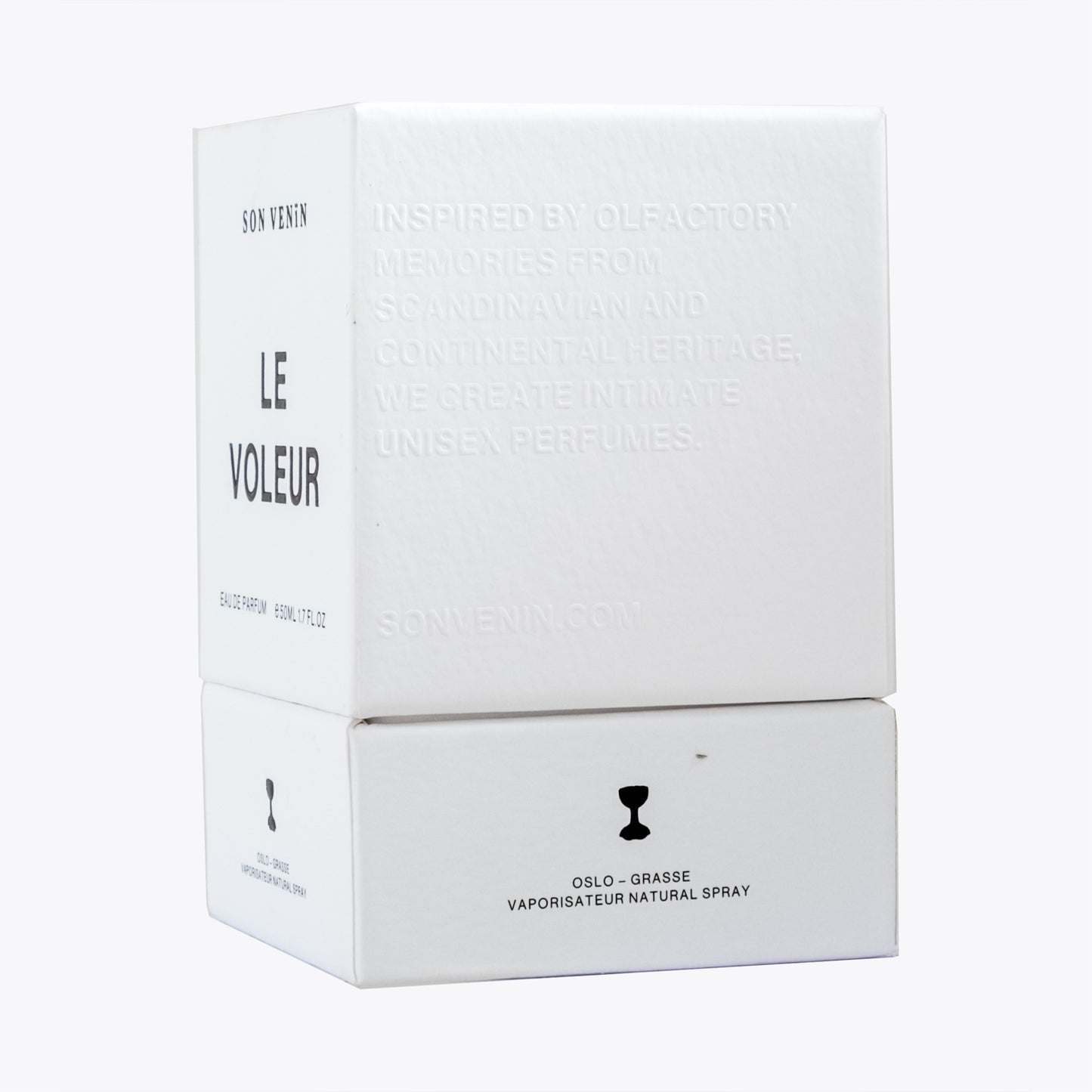 Le Voleur by Son Venïn – Eau de Parfum 50ml – packaging side view – text with inspired by olfactory memories