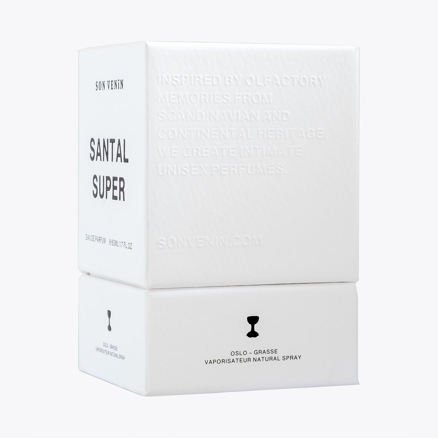 Santal Super by Son Venïn – Eau de Parfum 50ml – packaging side view – text inspired by olfactory memories