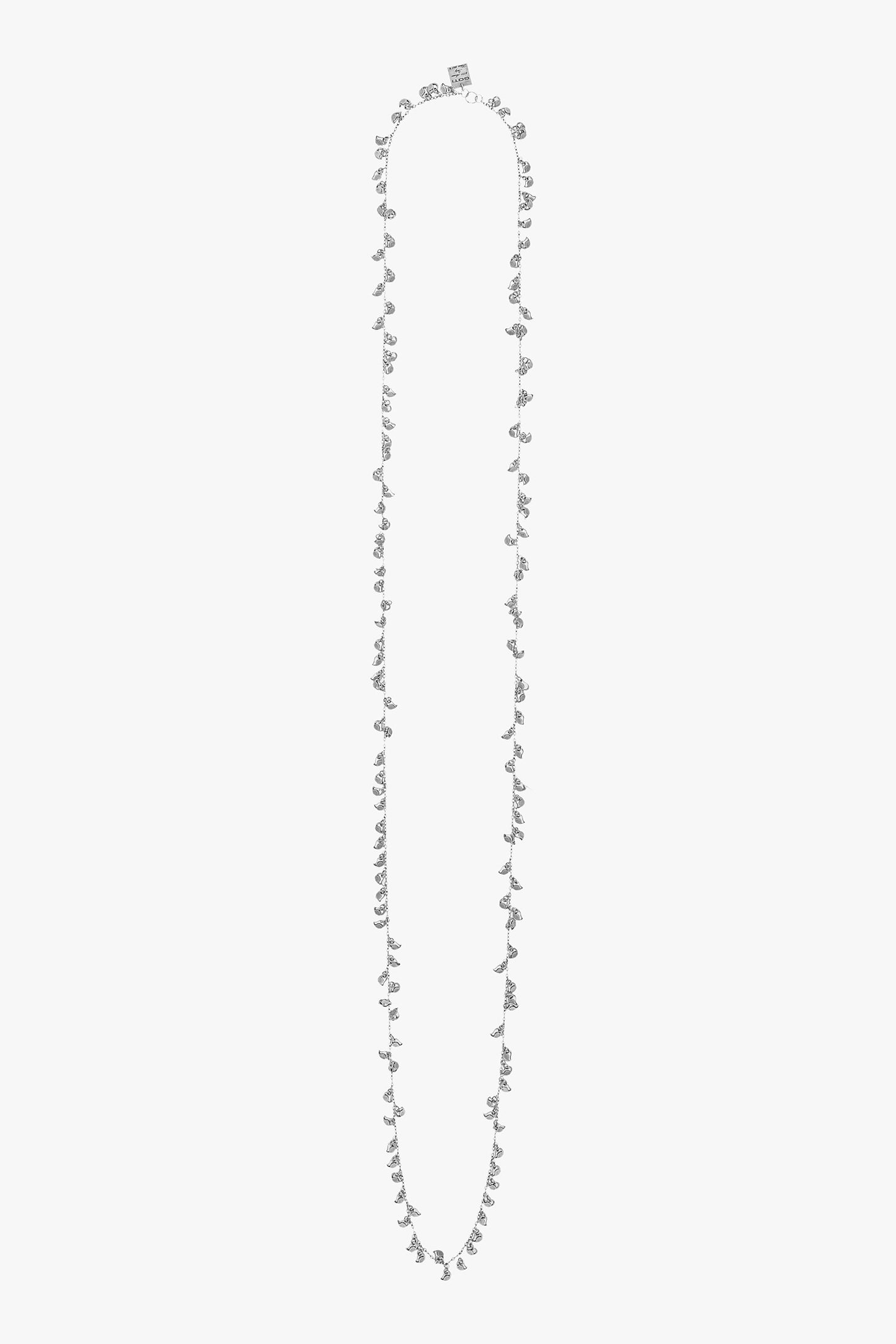 Long necklace with small beads on a white background