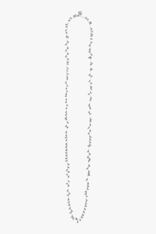 Long necklace with small beads on a white background