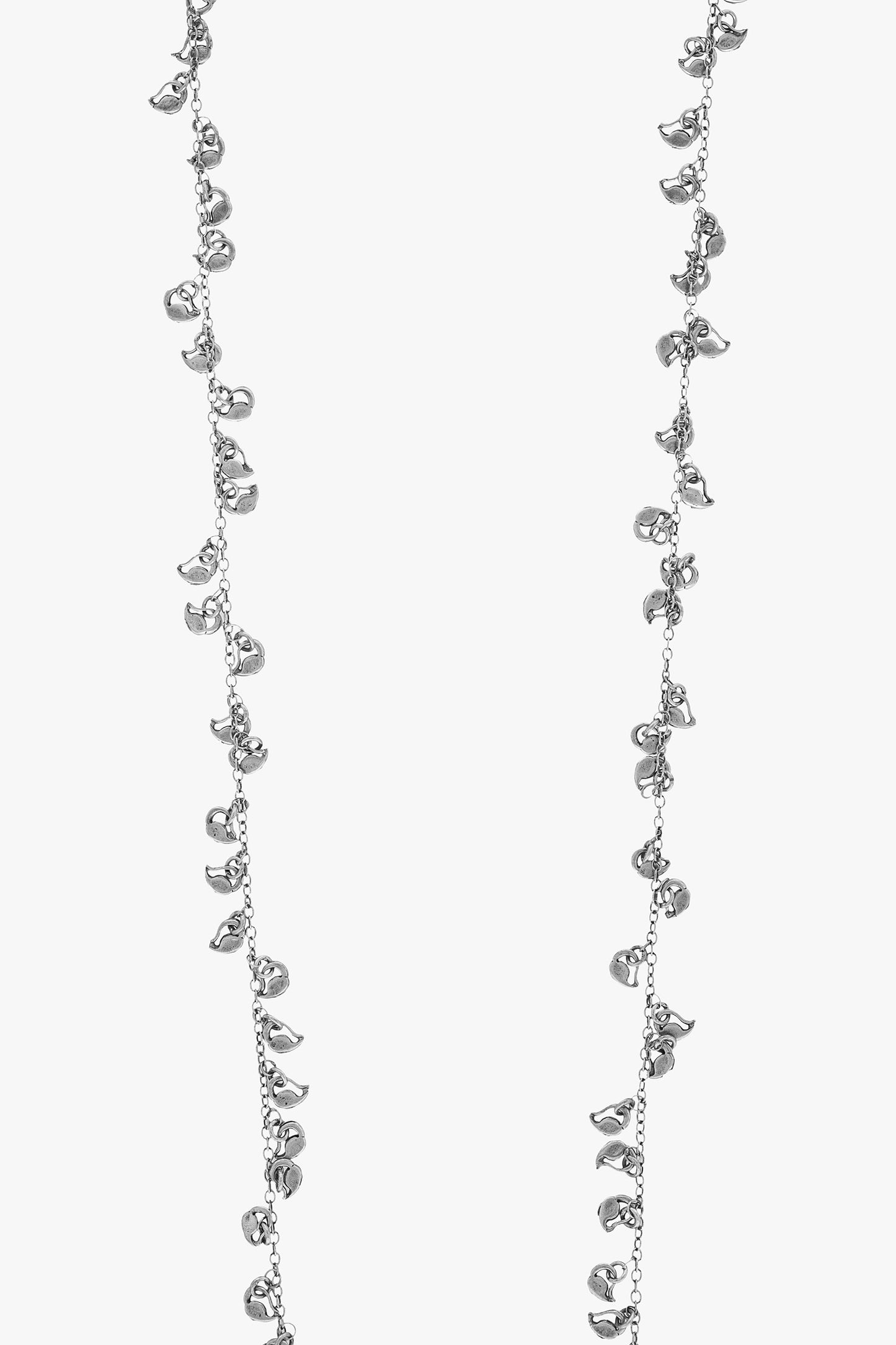 Silver necklace with small beads on a white background