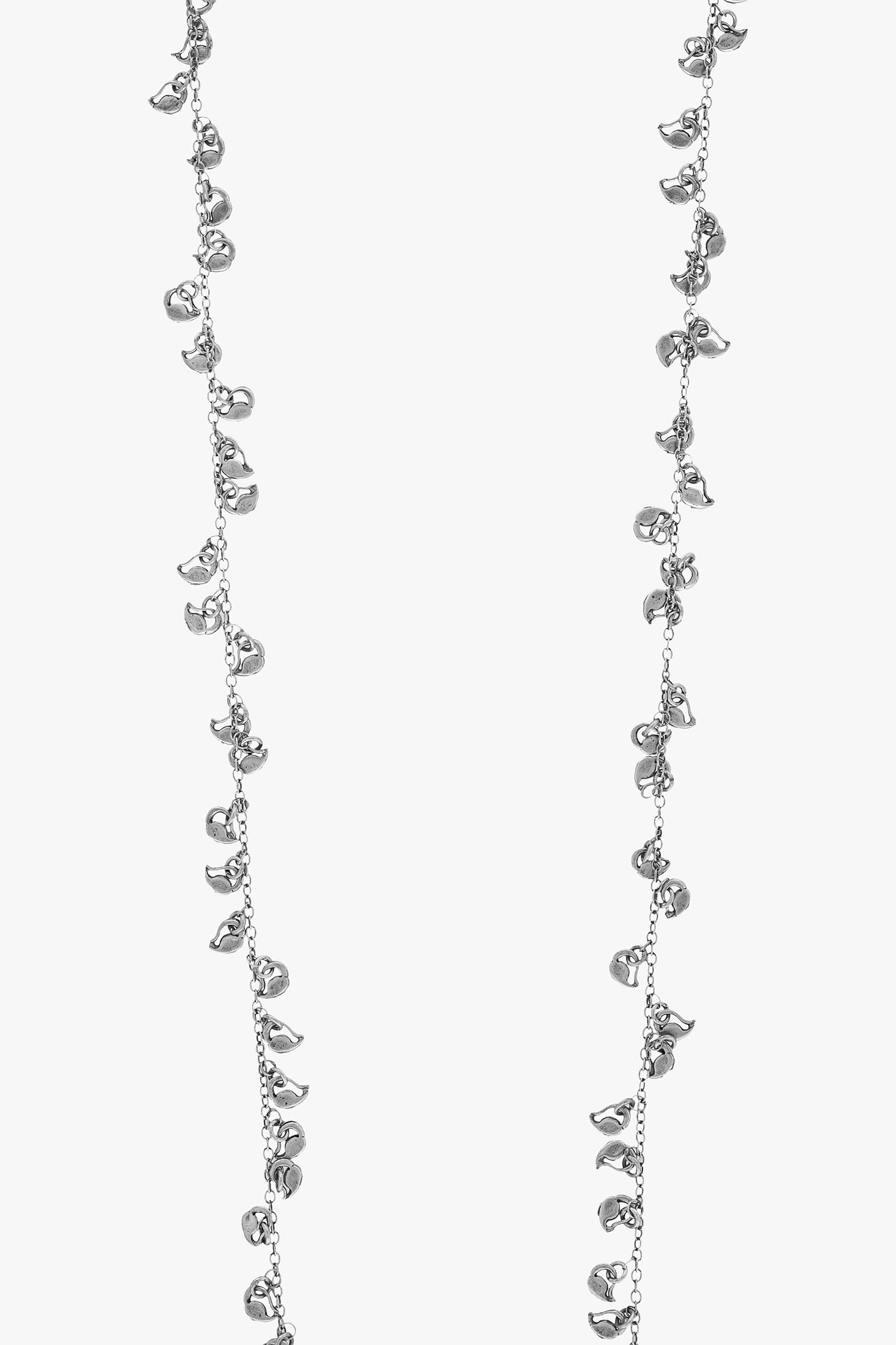 Silver necklace with small beads on a white background