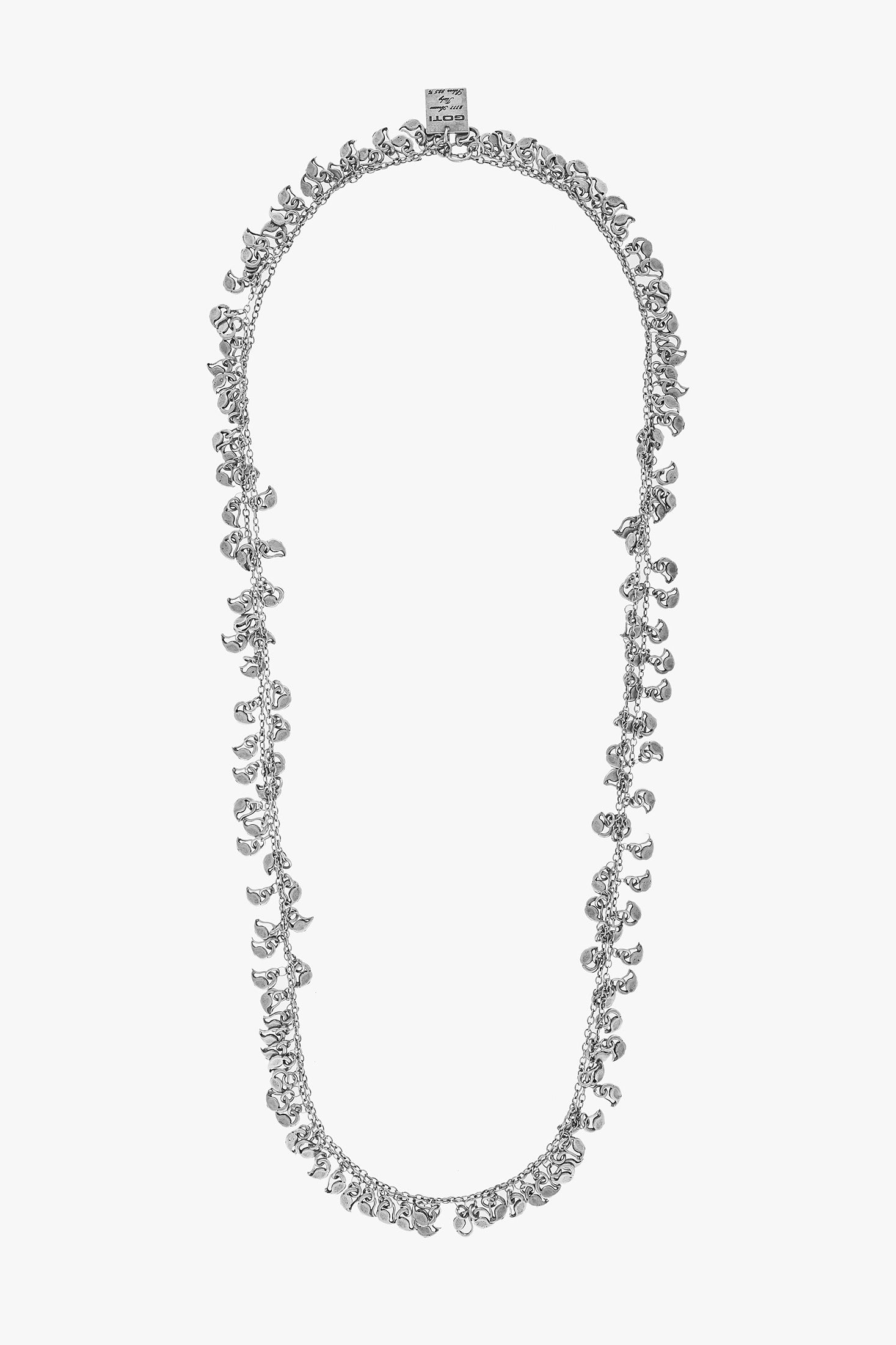 Silver necklace with floral design on a white background