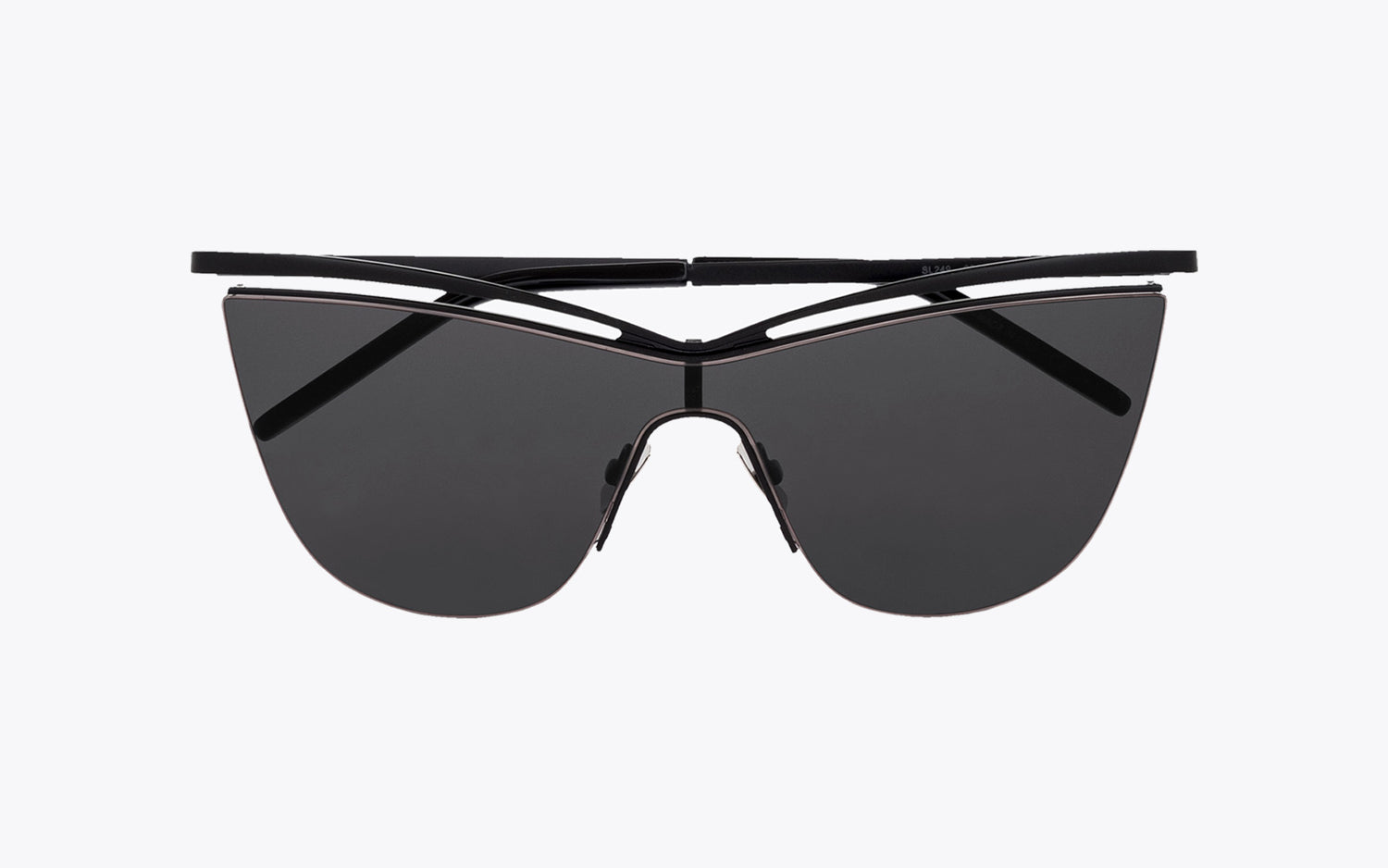 Saint Laurent SL 249 New Wave Black sunglasses with a unique frame design on a off-white background
