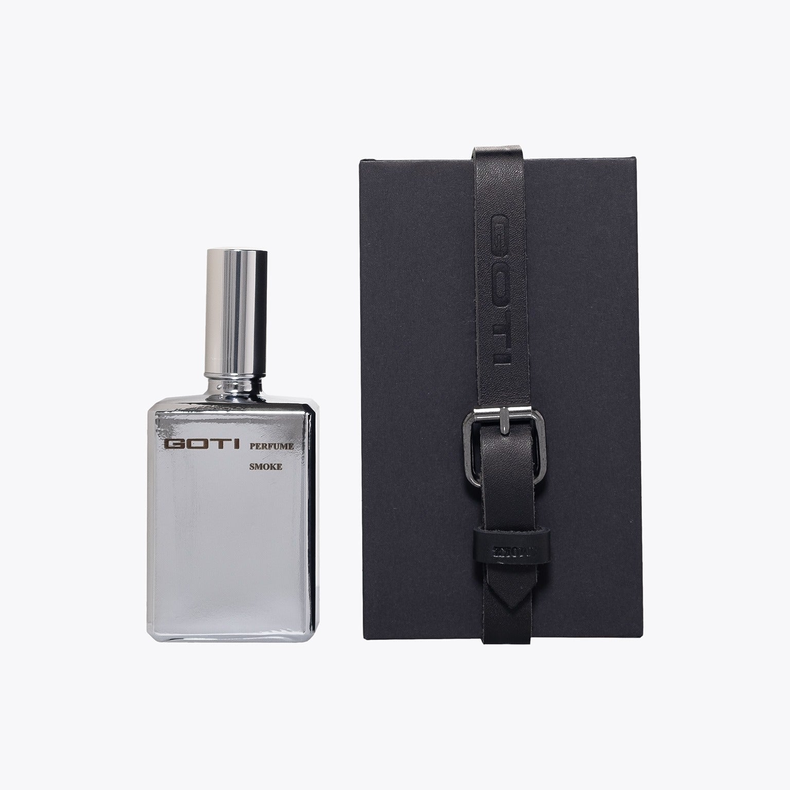 Scent of Goti Smoke EDP 100ml Silver Glass Bottle and Black Paper Box – Front View