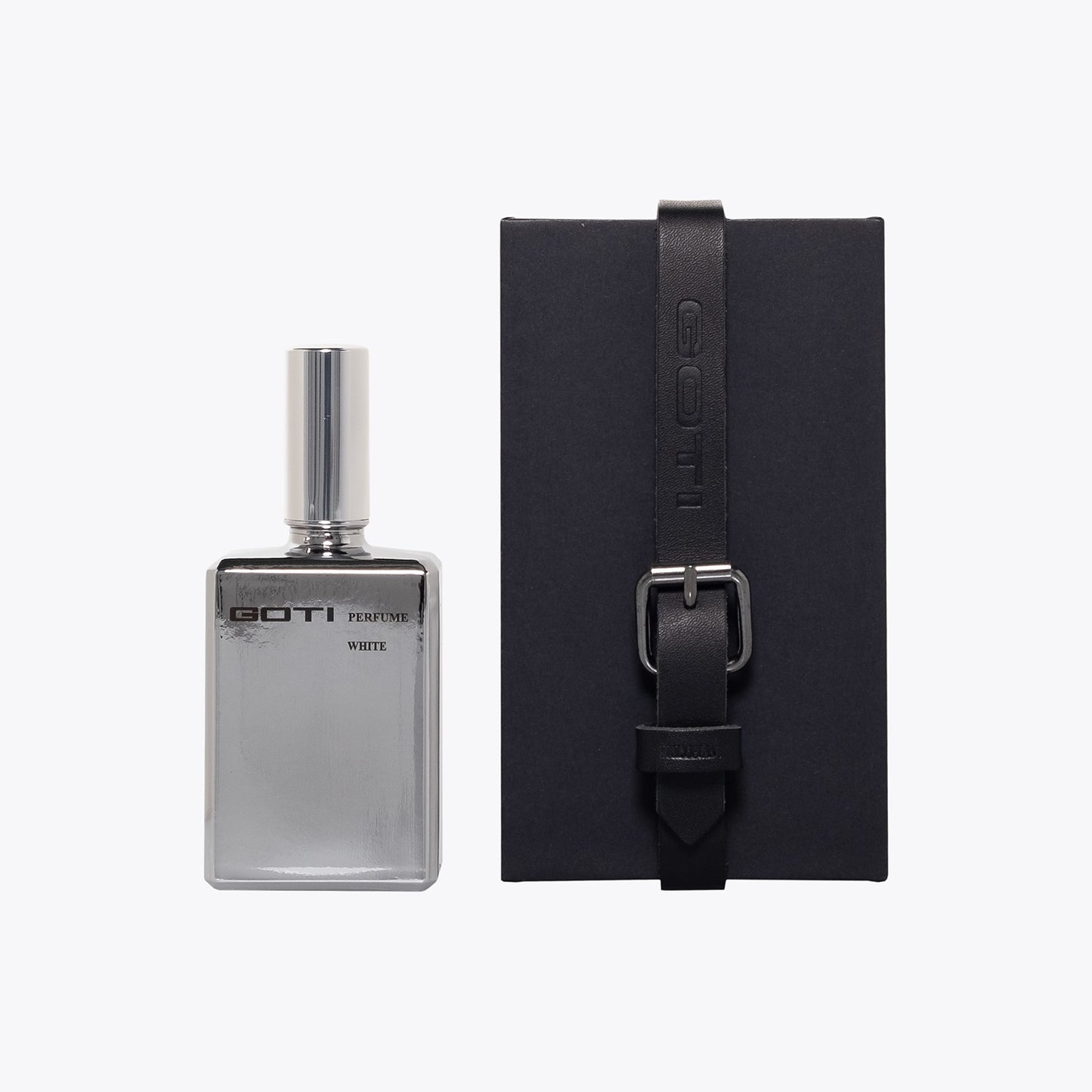 Scent of Goti White EDP 100ml Silver Glass Bottle and Black Paper Box – Front View