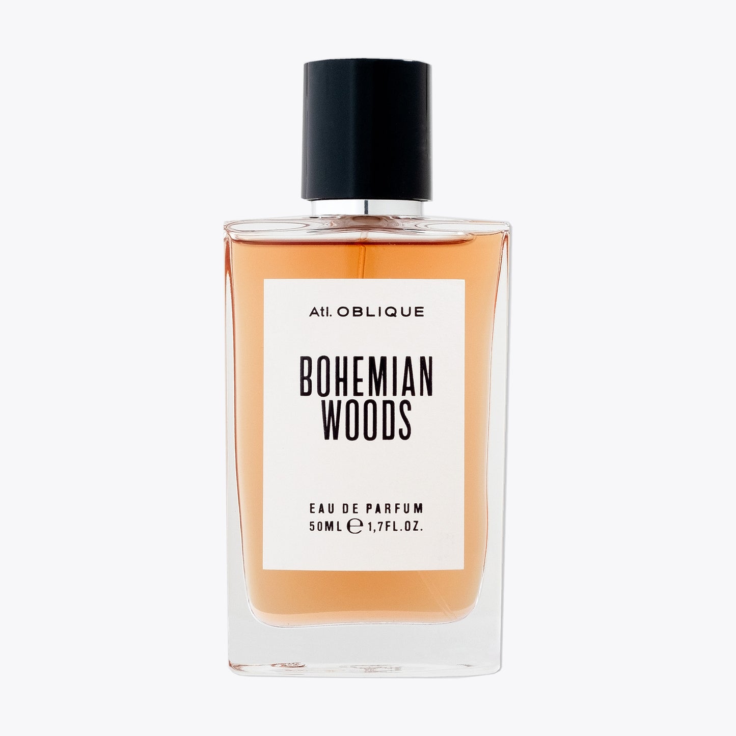 Perfume bottle labeled 'Bohemian Woods' by Atelier Oblique on a white background
