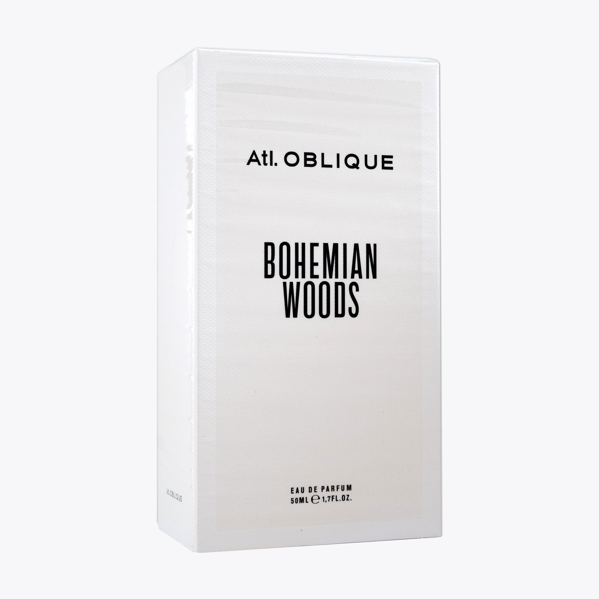 White box of Atelier Oblique Bohemian Woods perfume on a white background front view