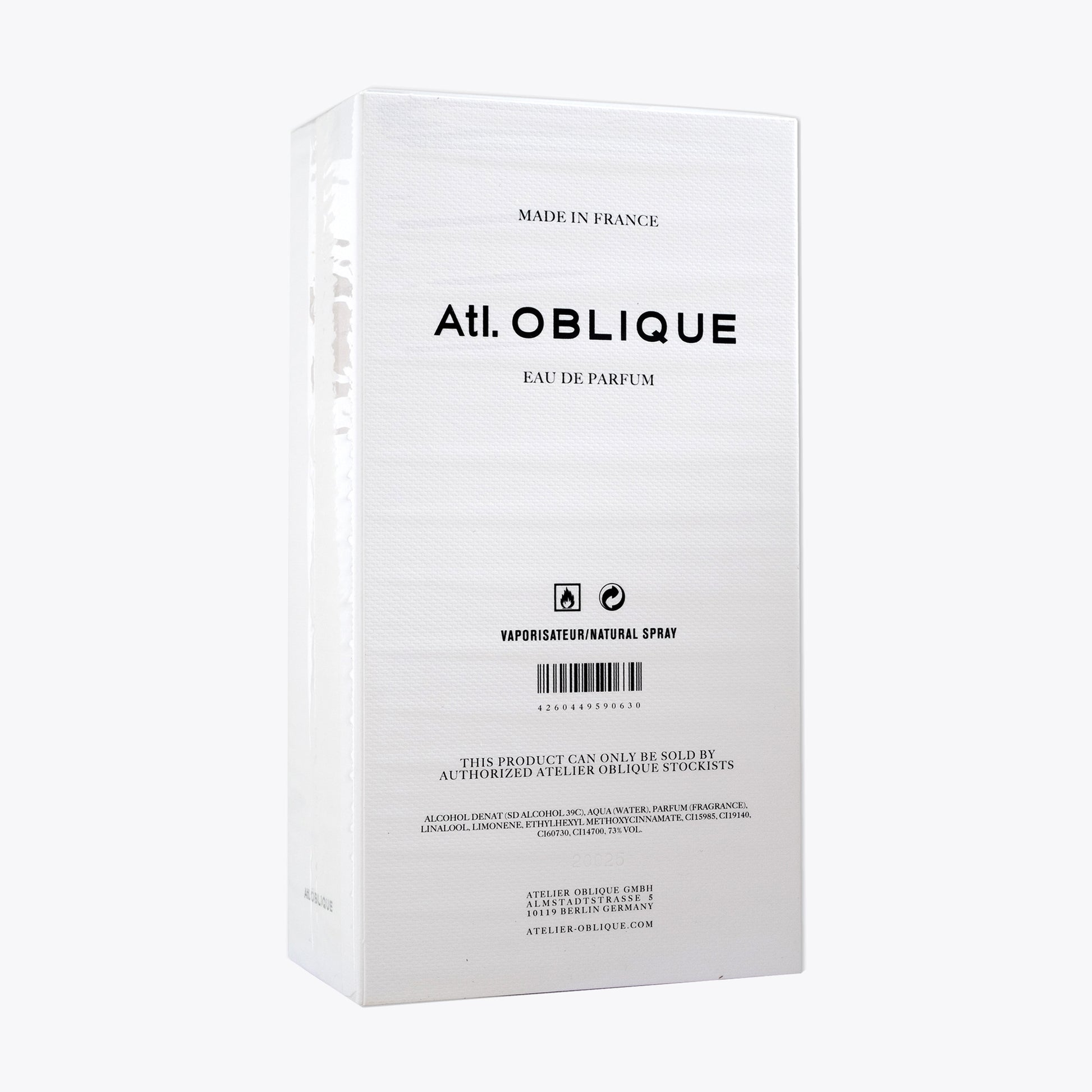 White box of Atelier Oblique Bohemian Woods perfume on a white background back view