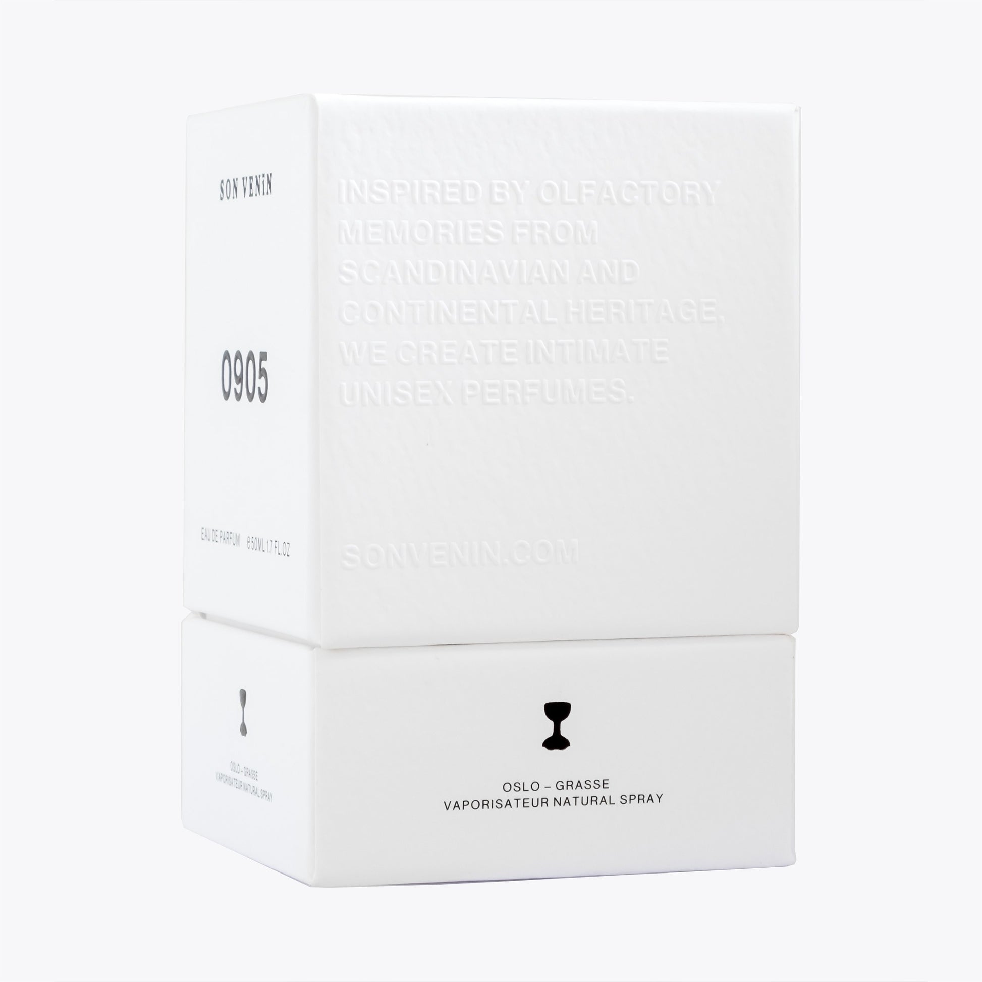 0905 by Son Venïn – Eau de Parfum 50ml – packaging side view – text inspired by olfactory memories