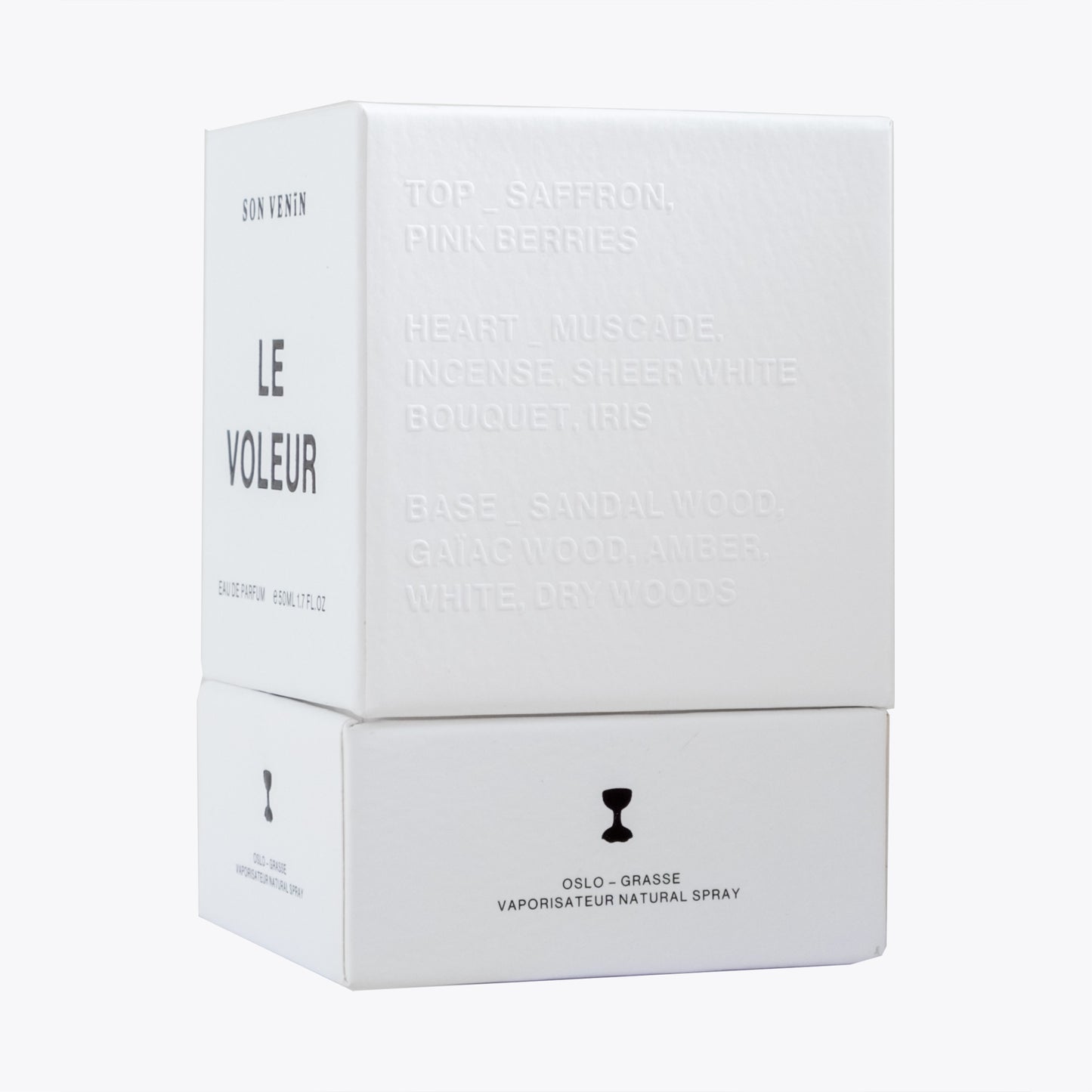 Le Voleur by Son Venïn – Eau de Parfum 50ml – packaging side view – text with olfactory notes