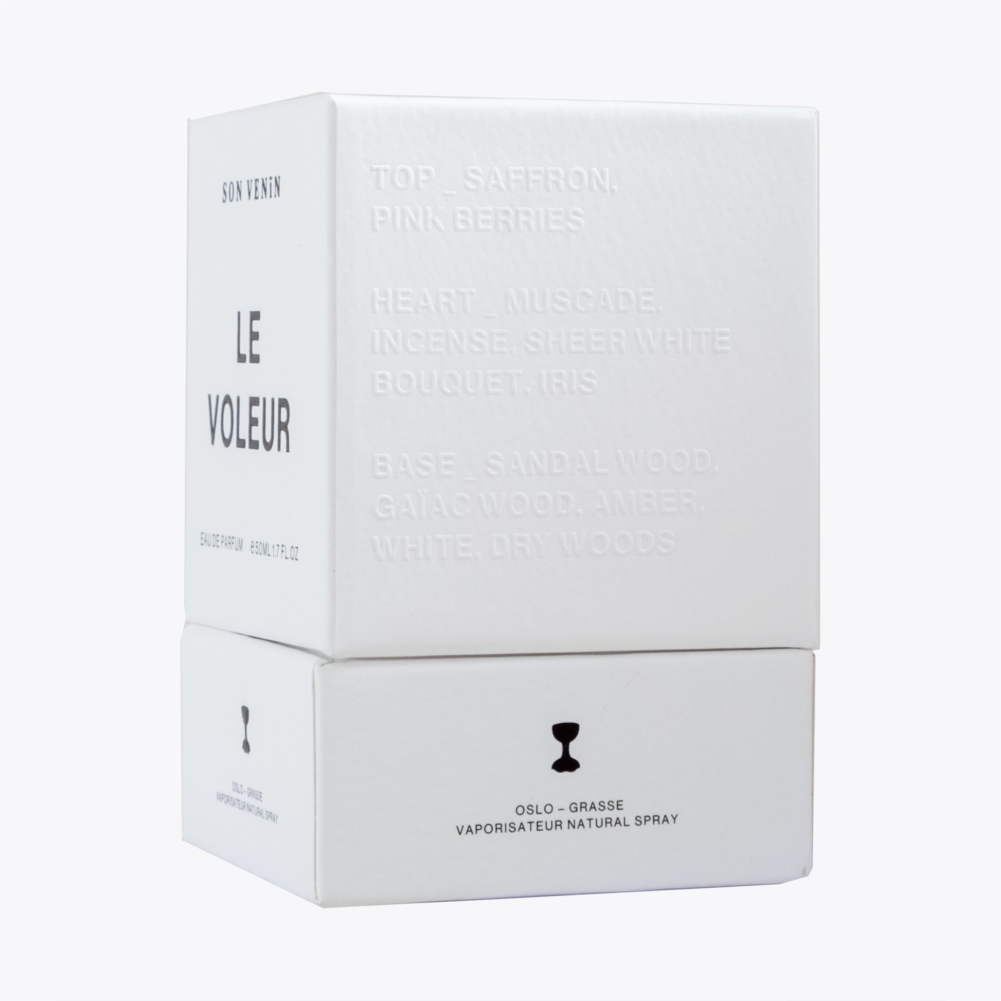 Le Voleur by Son Venïn – Eau de Parfum 50ml – packaging side view – text with olfactory notes