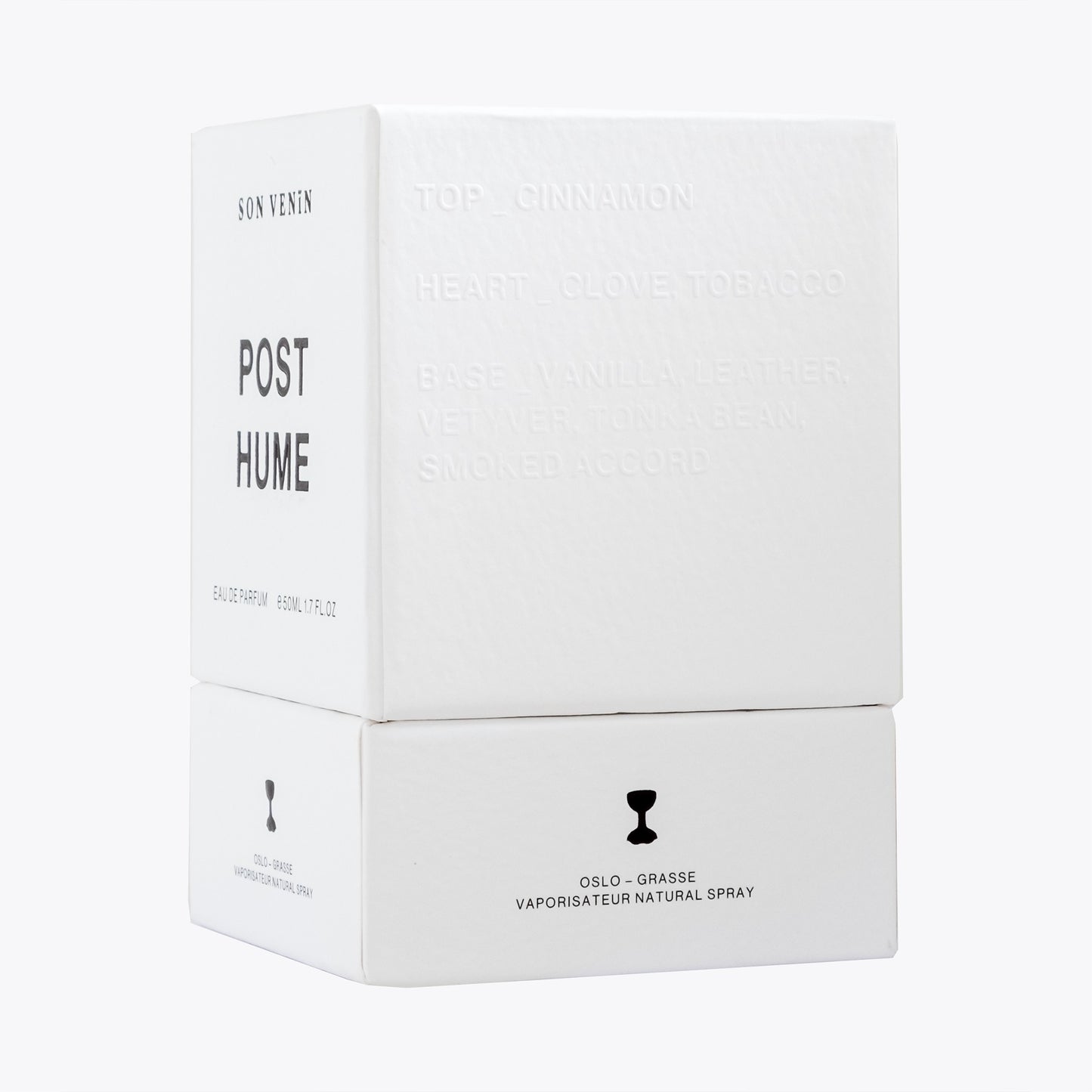 Posthume by Son Venïn – Eau de Parfum 50ml – packaging side view – text of olfactory notes