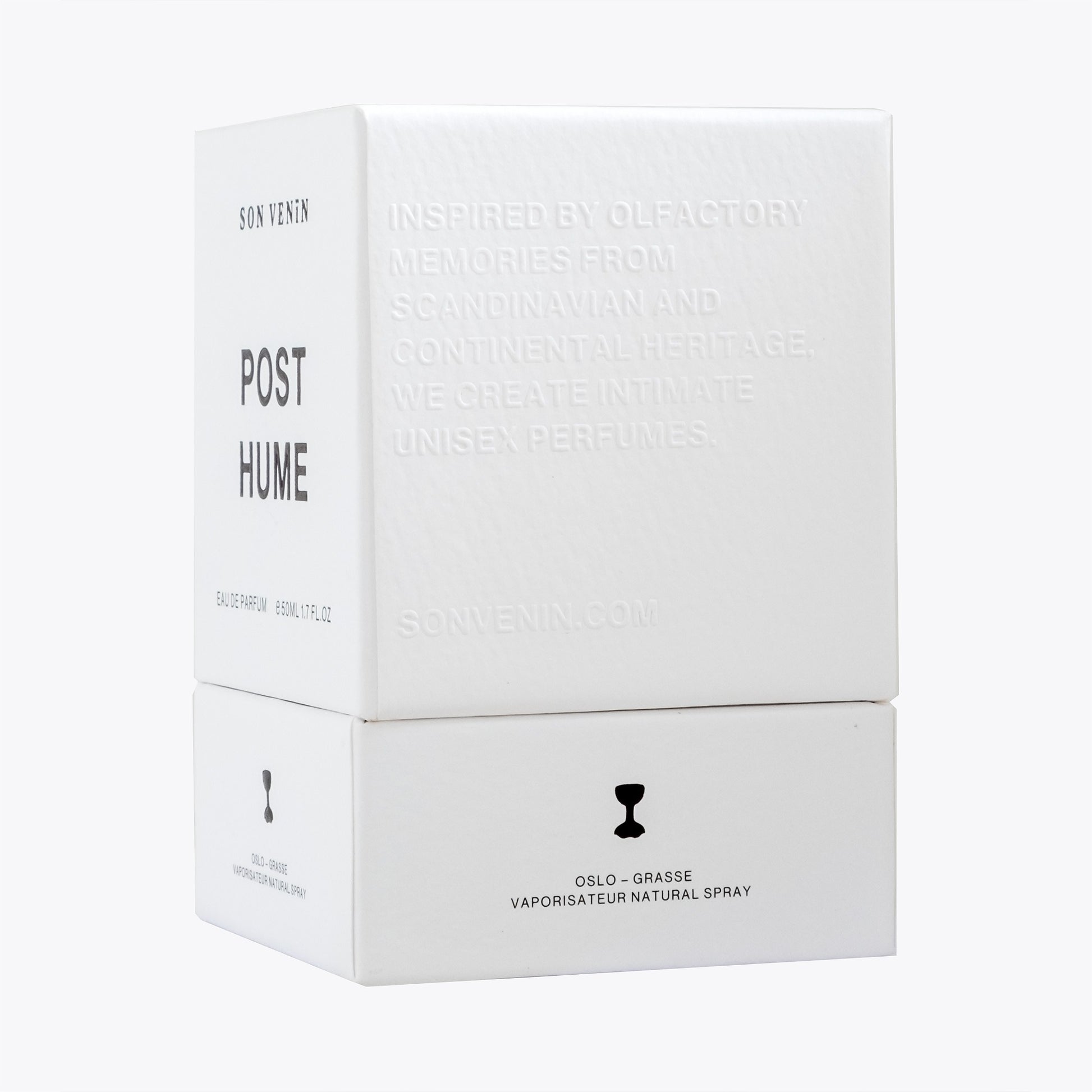 Posthume by Son Venïn – Eau de Parfum 50ml – packaging side view – text inspired by olfactory memories