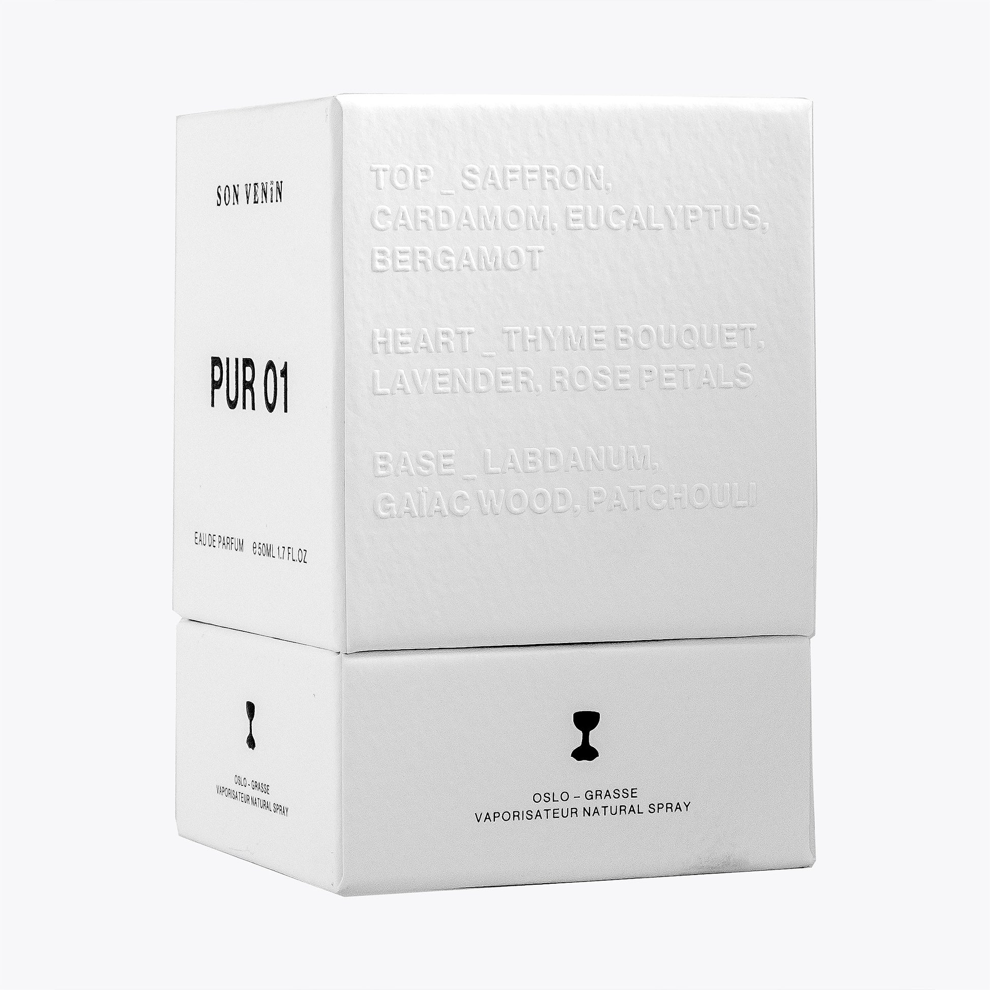 Pur 01 by Son Venïn – Eau de Parfum 50ml – packaging side view – text with Olfactory Notes notes
