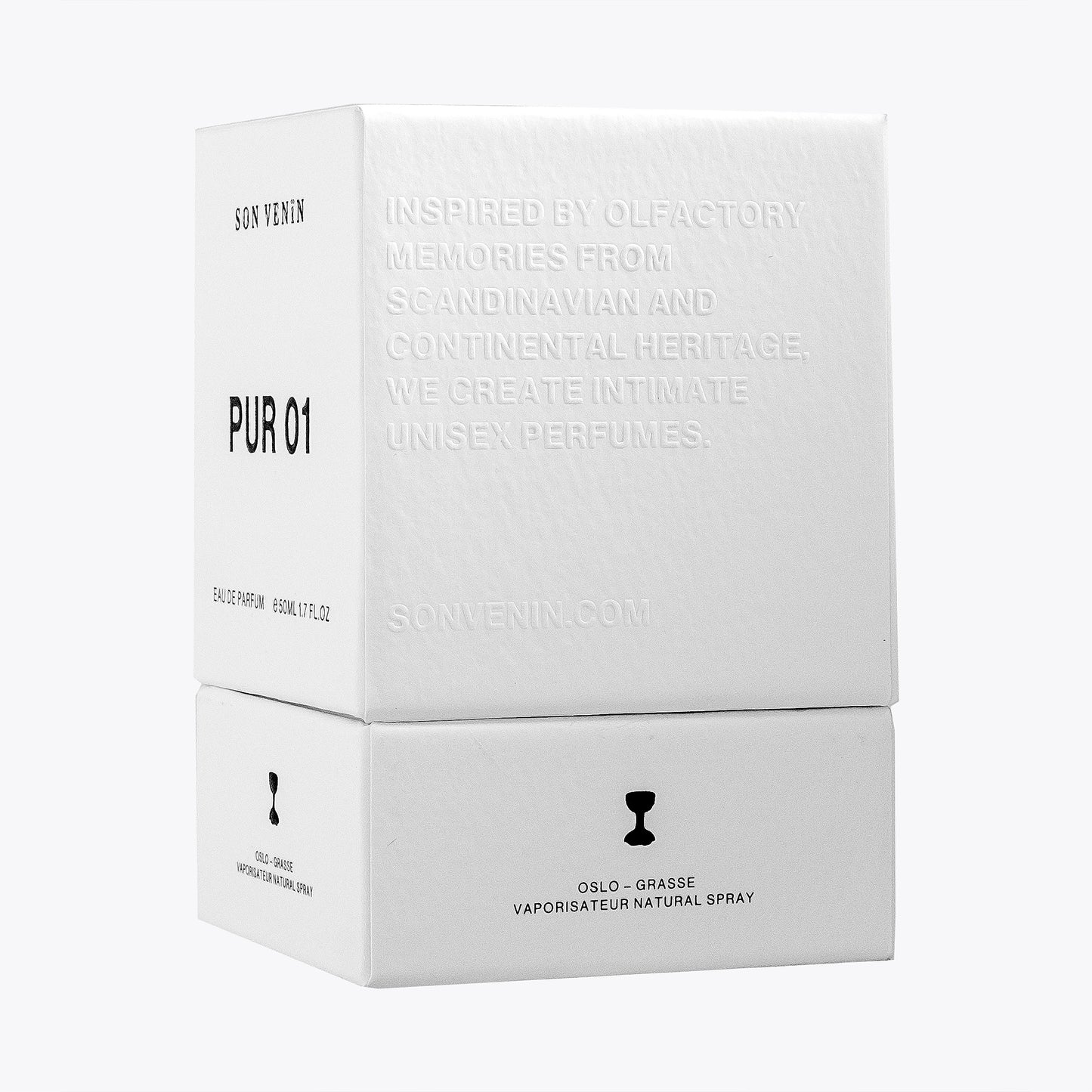 Pur 01 by Son Venïn – Eau de Parfum 50ml – packaging side view – text with inspired by olfactory memores