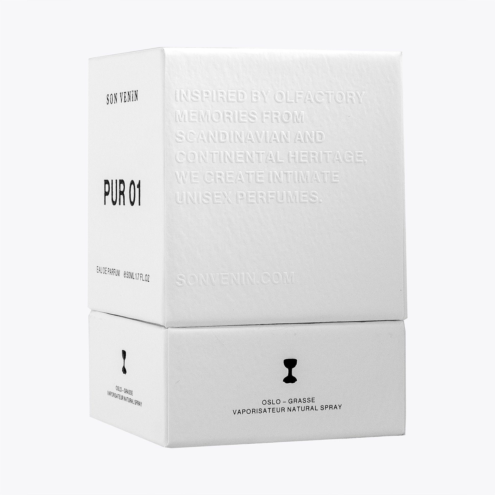Pur 01 by Son Venïn – Eau de Parfum 50ml – packaging side view – text with inspired by olfactory memores