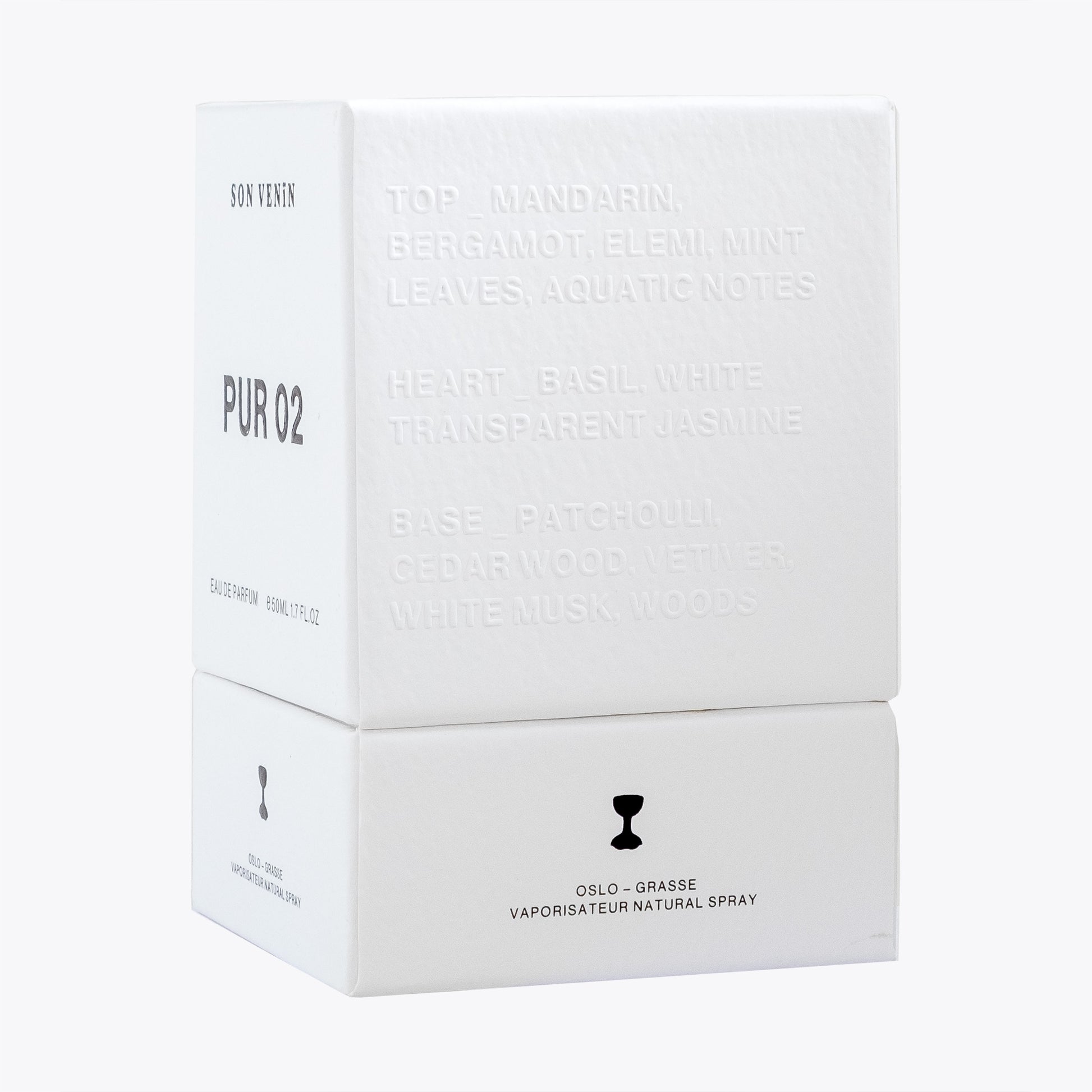 Pur 02 by Son Venïn – Eau de Parfum 50ml – packaging side view – text with olfactory notes 