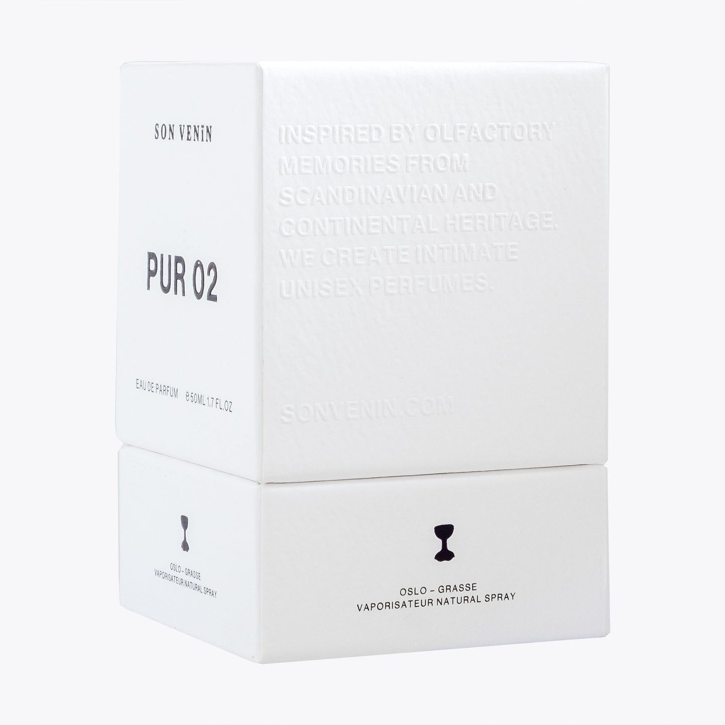 Pur 02 by Son Venïn – Eau de Parfum 50ml – packaging side view – text with inspired by olfactory memories